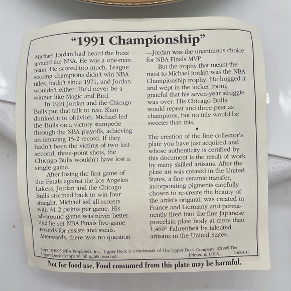 Michael Jordan 1991 Championship NBA Bradford Exchange Chicago Bulls Plate W/COA - Picture 7 of 7